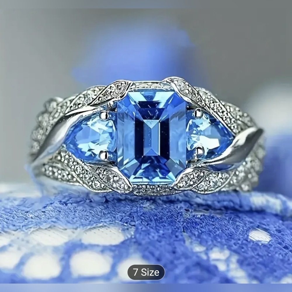 New Blue Sapphire CZ Ring Silver Tone Emerald Cut Halo Statement Ring, T2B4A